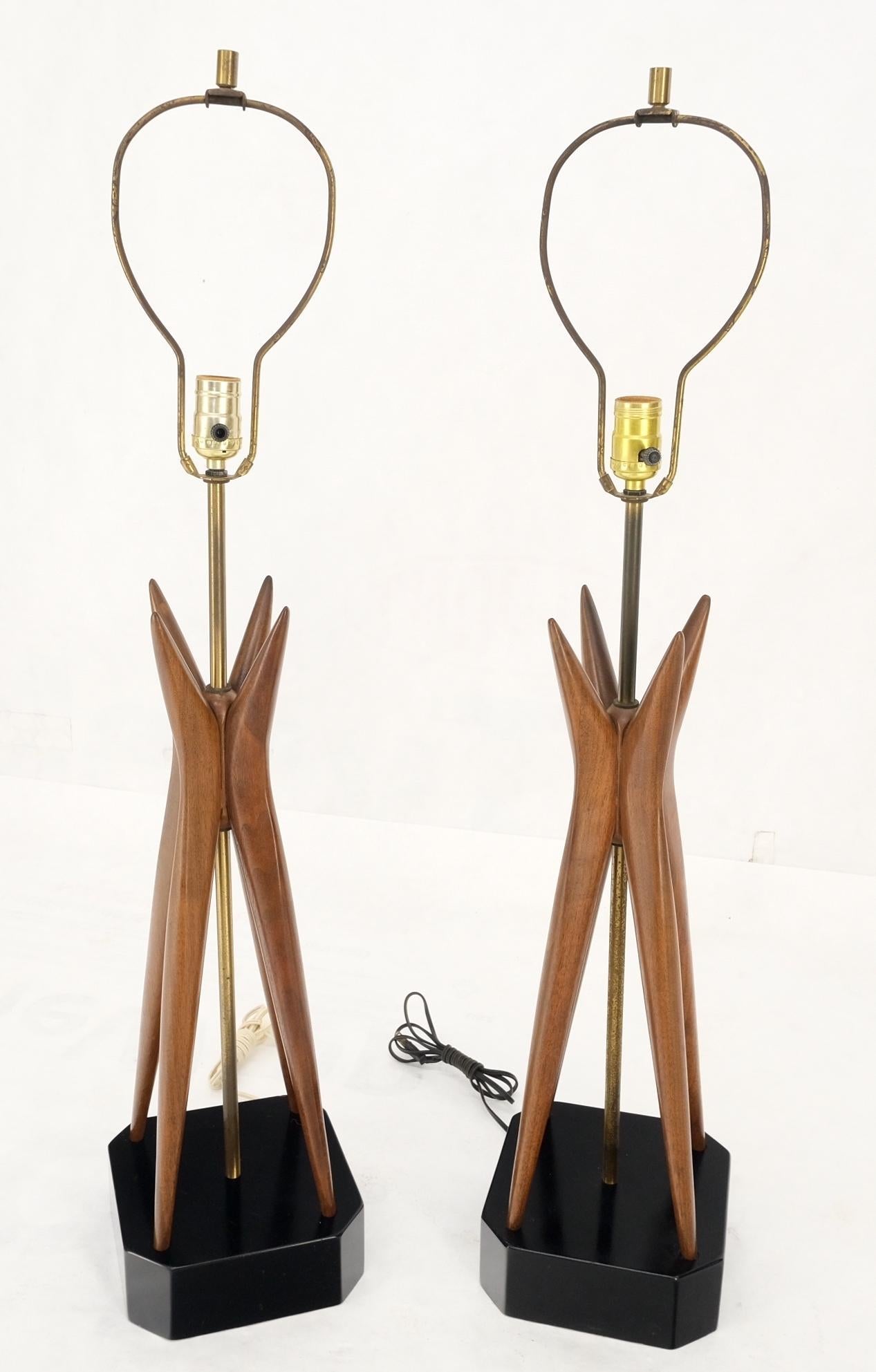 EstablishedLines Pair Carved Oiled Walnut Star Bursting Sputnik Shape Bases Table Lamps Mint!