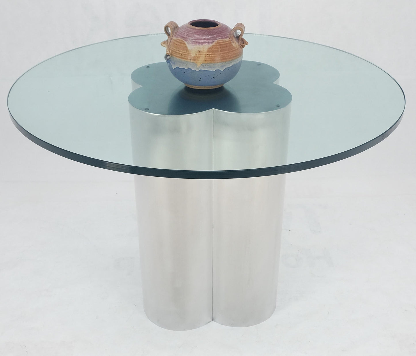 Clover Shape Fused Brushed Aluminum Cylinders Round Glass Top Dining Game Table
