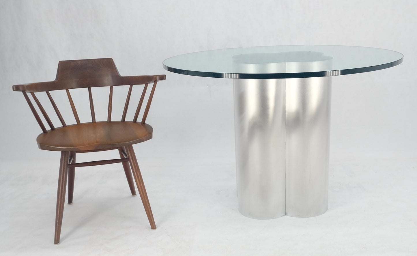 Clover Shape Fused Brushed Aluminum Cylinders Round Glass Top Dining Game Table