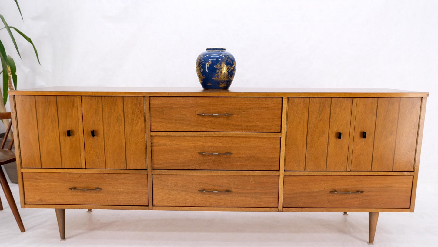 EstablishedLines 5 Drawers Two Door Compartments Long Walnut Credenza Dresser Dowel Legs Mint!