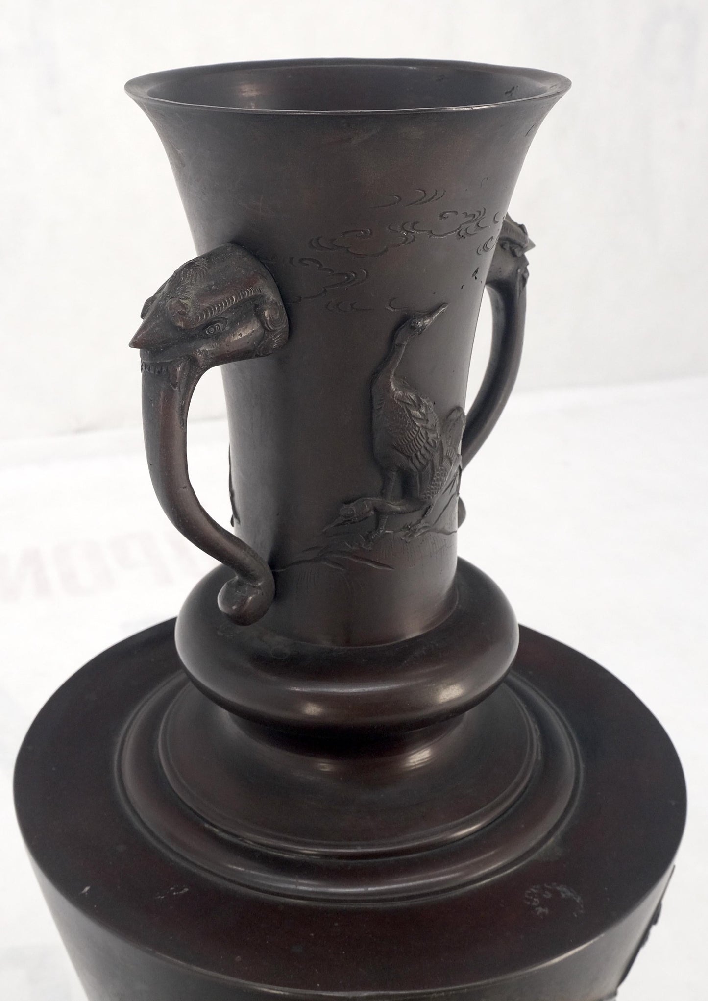 EstablishedLines large Brass or Bronze Asian Two Handles Vase Urn Birds Motif Reliefs Clean!