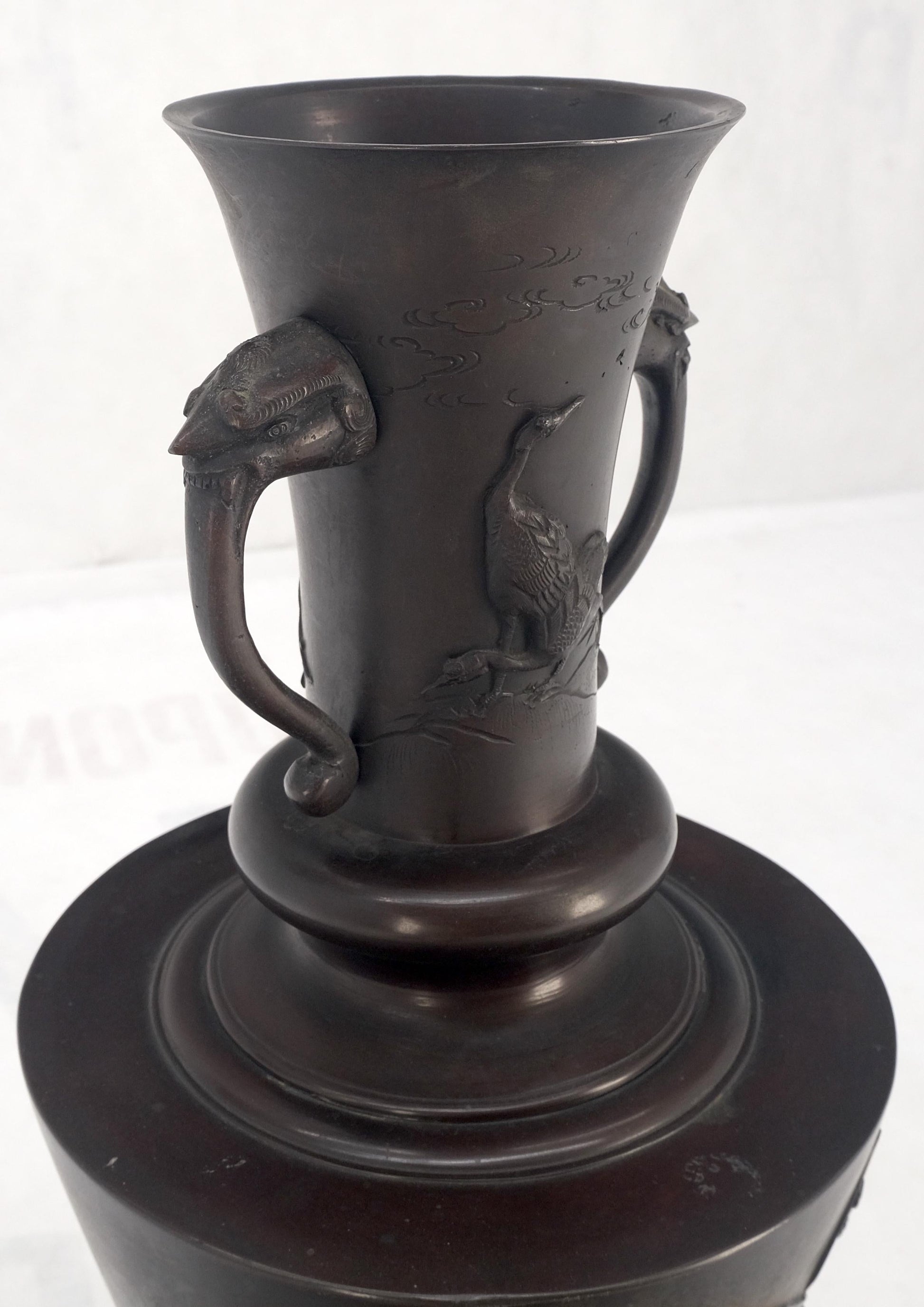 EstablishedLines large Brass or Bronze Asian Two Handles Vase Urn Birds Motif Reliefs Clean!