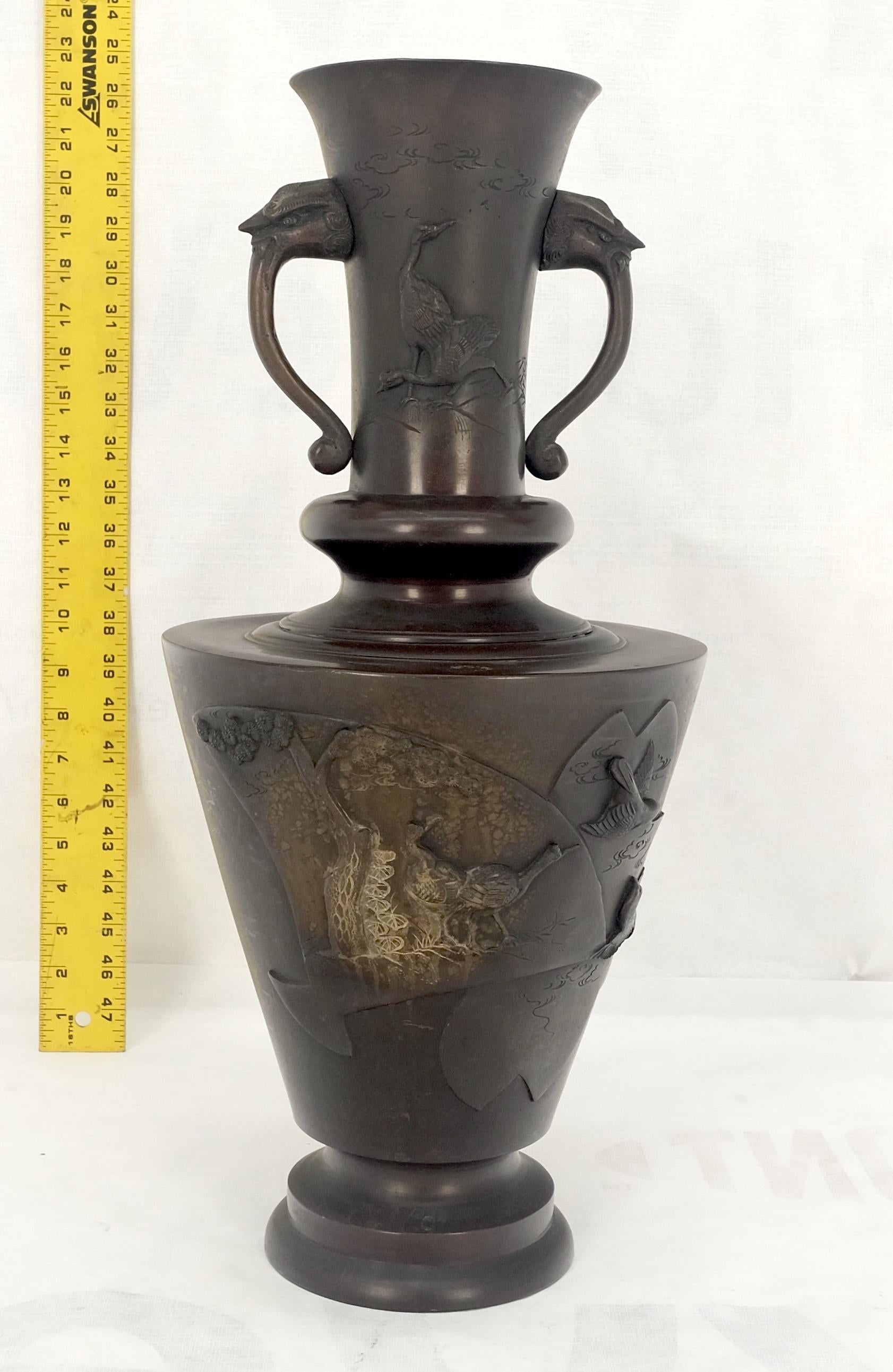 EstablishedLines large Brass or Bronze Asian Two Handles Vase Urn Birds Motif Reliefs Clean!