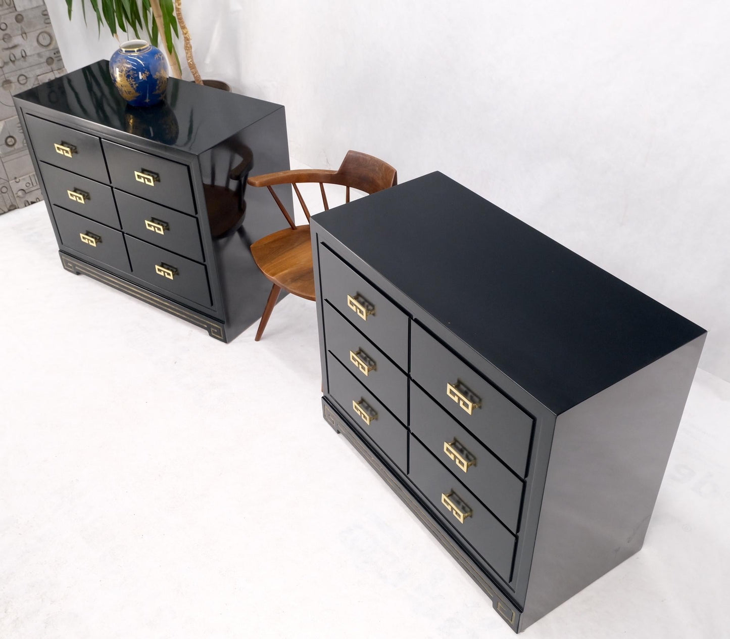 EstablishedLines Pair John Stuart Ebonized Lacquer Greek Key Brass Pulls Bachelor Chests MINT!