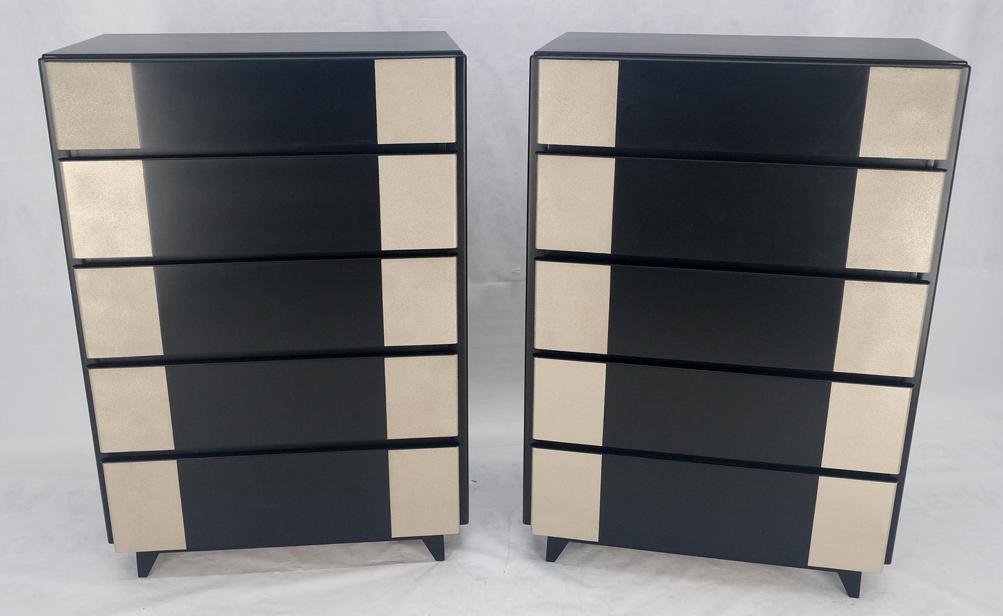 EstablishedLines Pair Black Lacquer & Silver Fitted Drawers Flip Top Vanity Chest Dressers MINT!