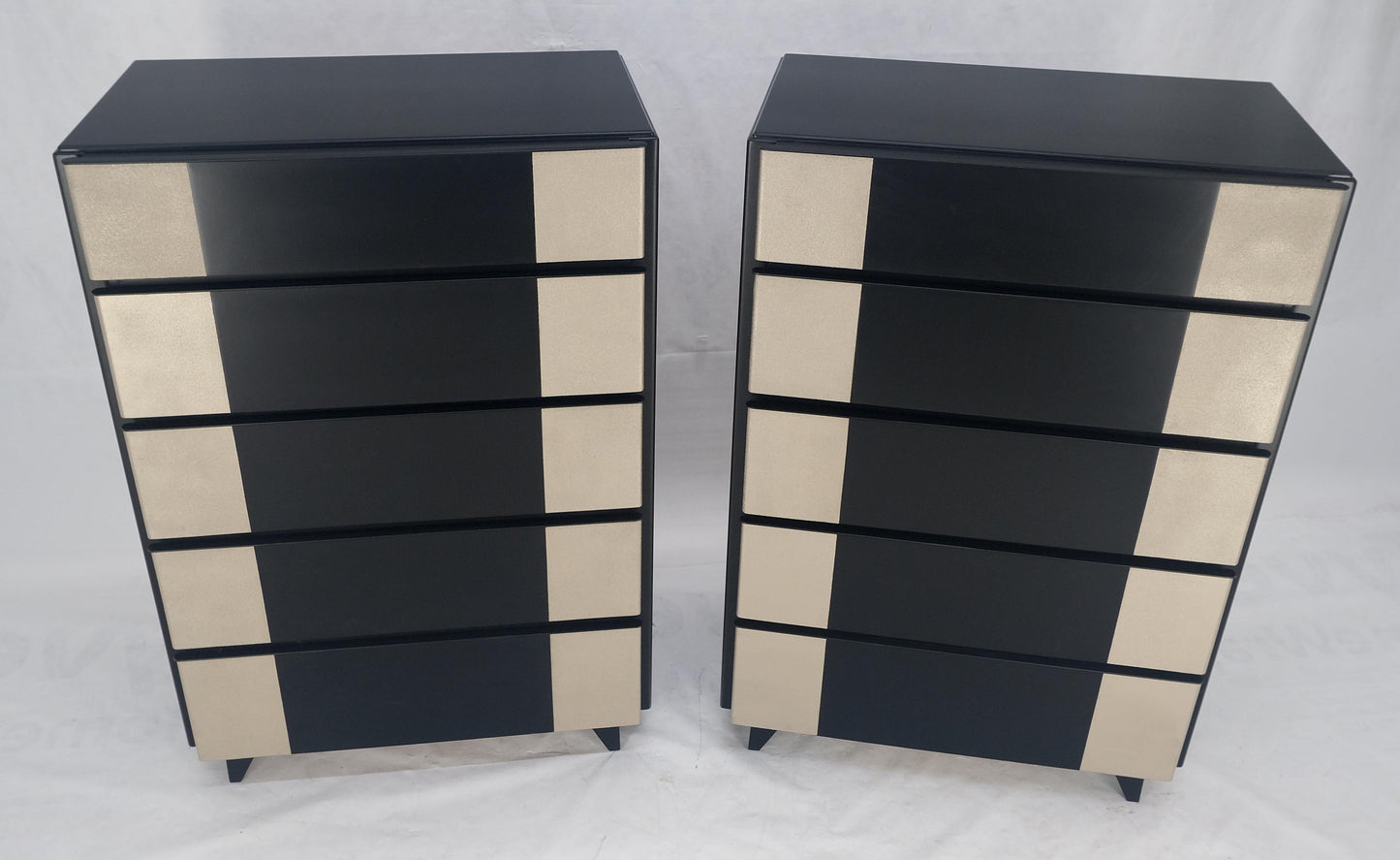 EstablishedLines Pair Black Lacquer & Silver Fitted Drawers Flip Top Vanity Chest Dressers MINT!