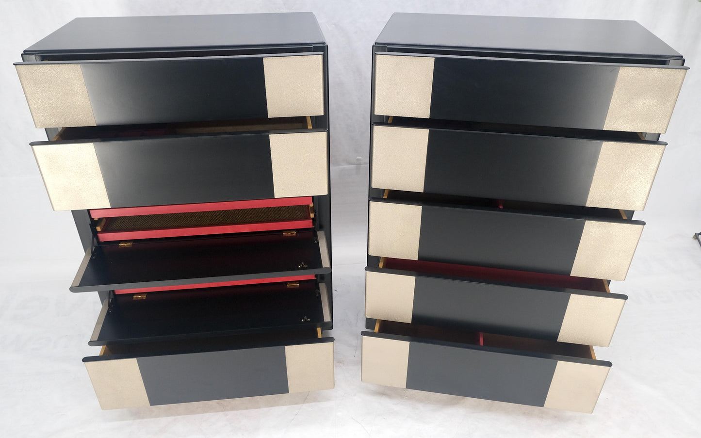EstablishedLines Pair Black Lacquer & Silver Fitted Drawers Flip Top Vanity Chest Dressers MINT!