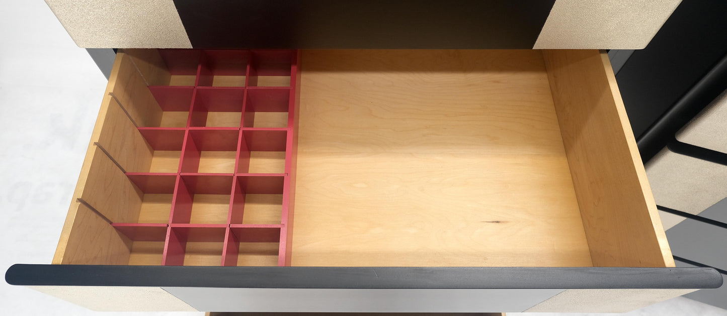 EstablishedLines Pair Black Lacquer & Silver Fitted Drawers Flip Top Vanity Chest Dressers MINT!