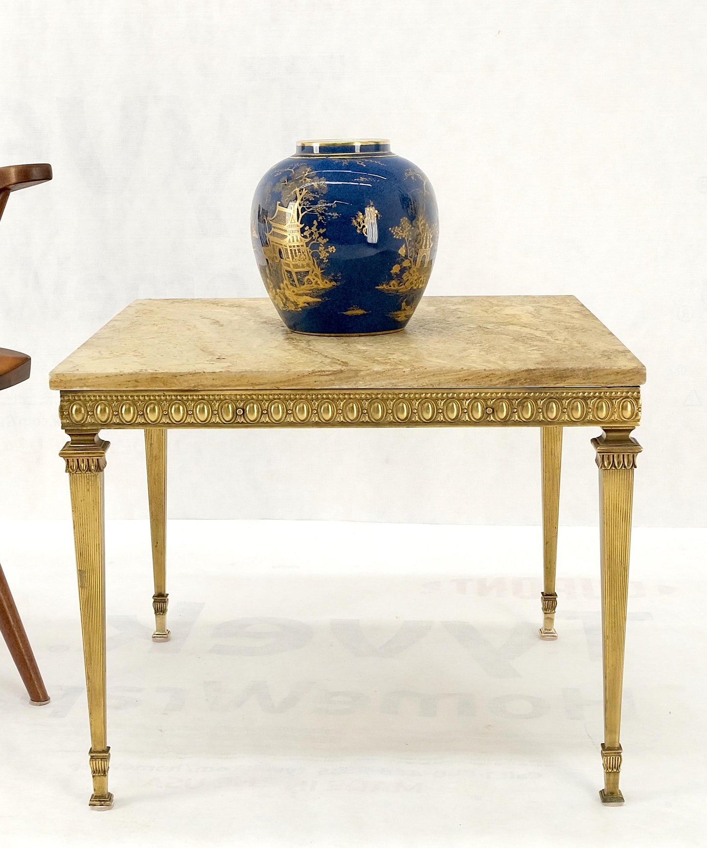 EstablishedLines Square Solid Brass or Bronze Base Travertine Top Side End Occasional Table MINT!
