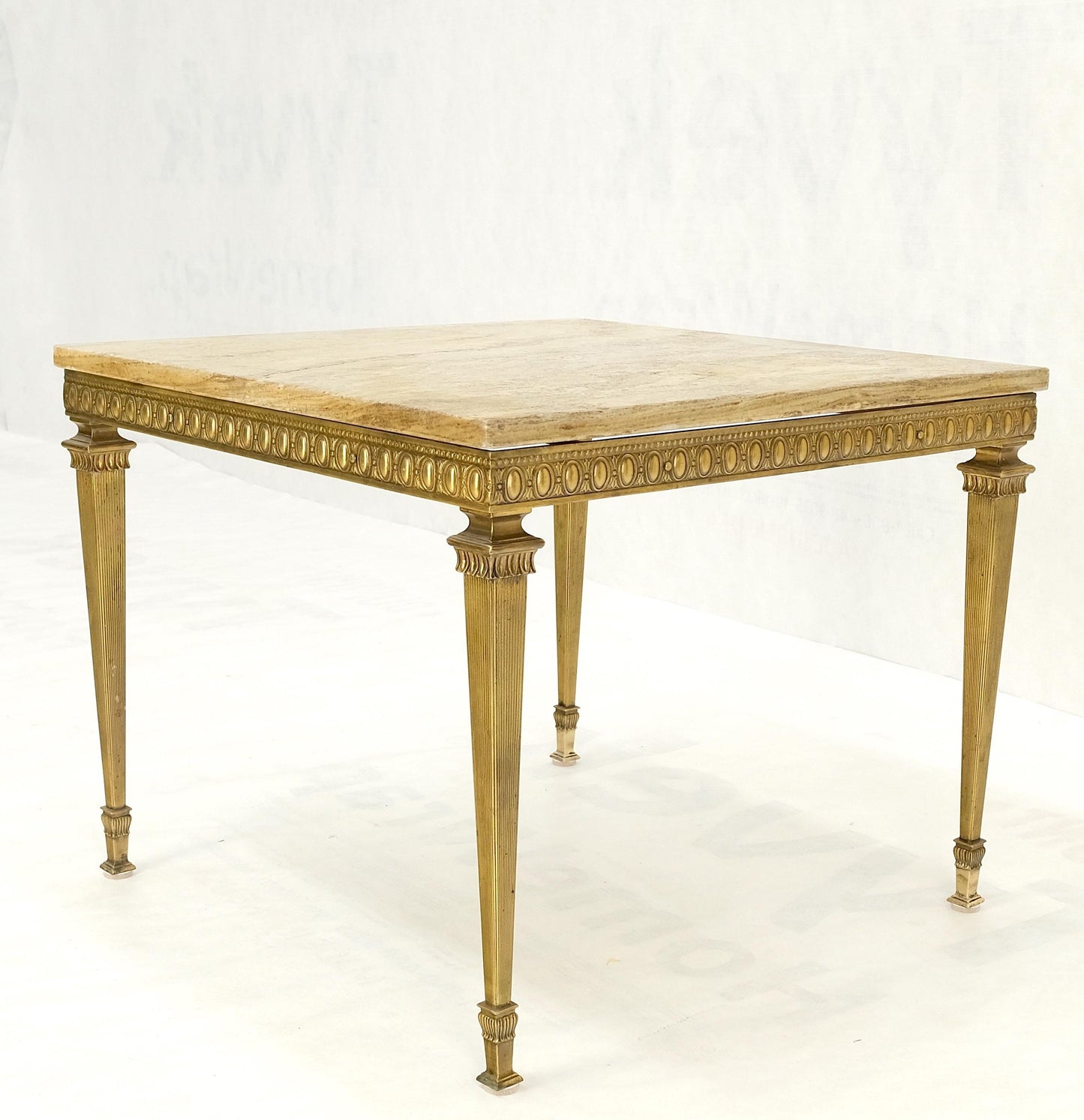 EstablishedLines Square Solid Brass or Bronze Base Travertine Top Side End Occasional Table MINT!
