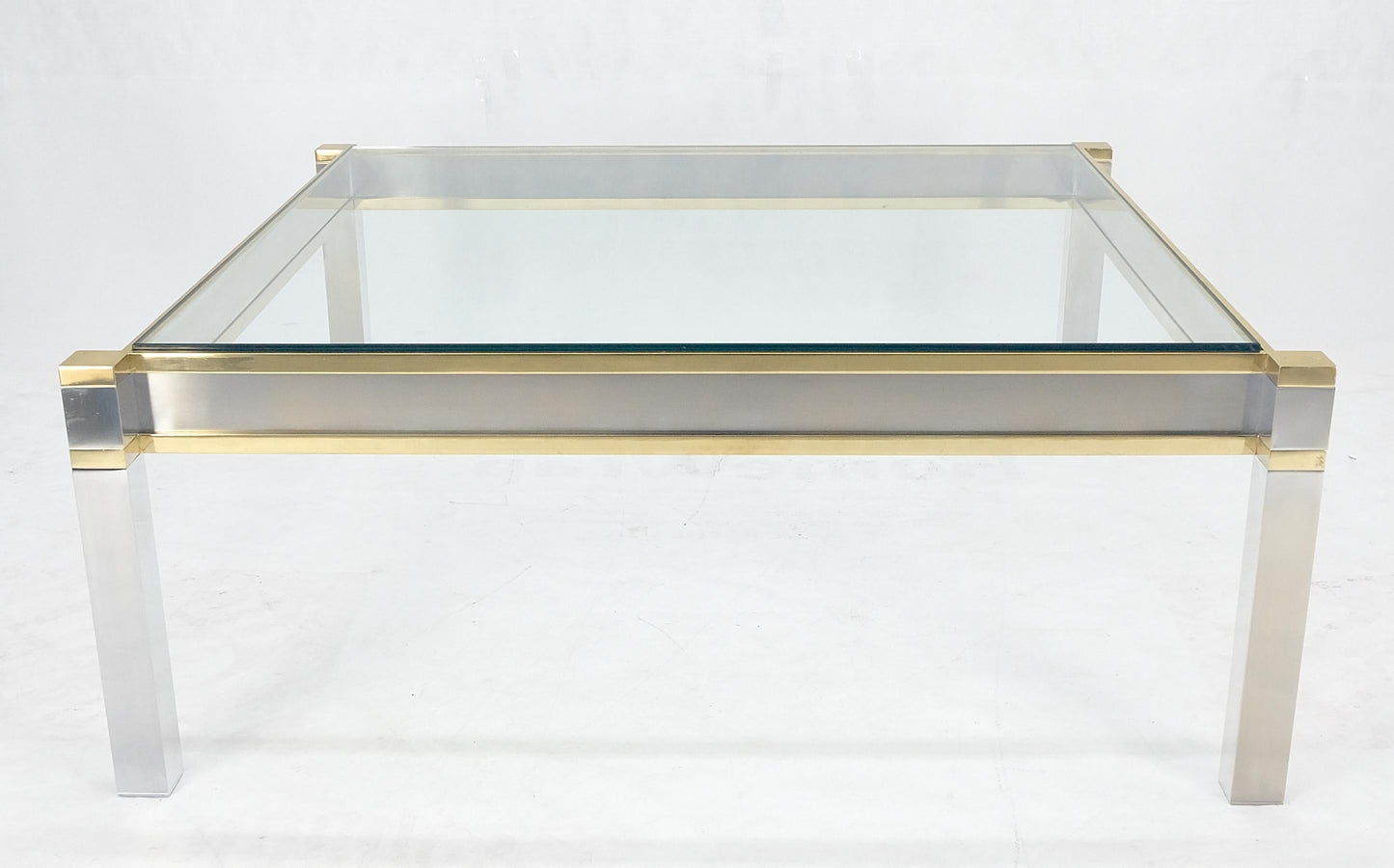 EstablishedLines Brass Stainless Steel Glass Top 44" Square Mid Century Modern Coffee Table MINT