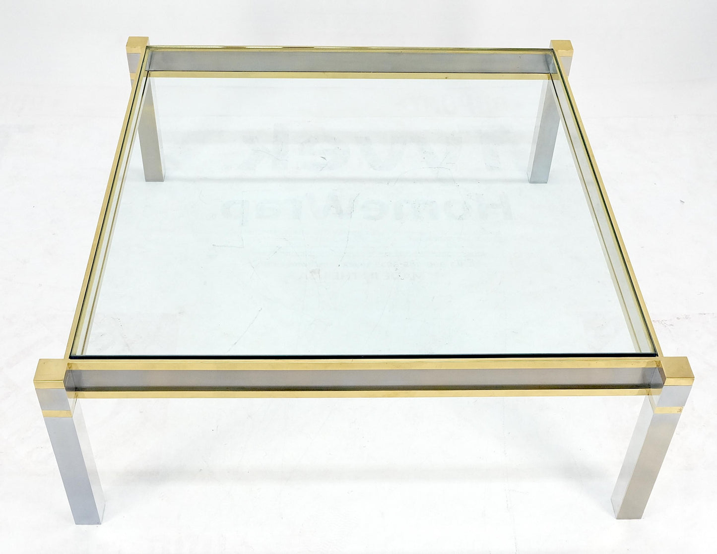EstablishedLines Brass Stainless Steel Glass Top 44" Square Mid Century Modern Coffee Table MINT