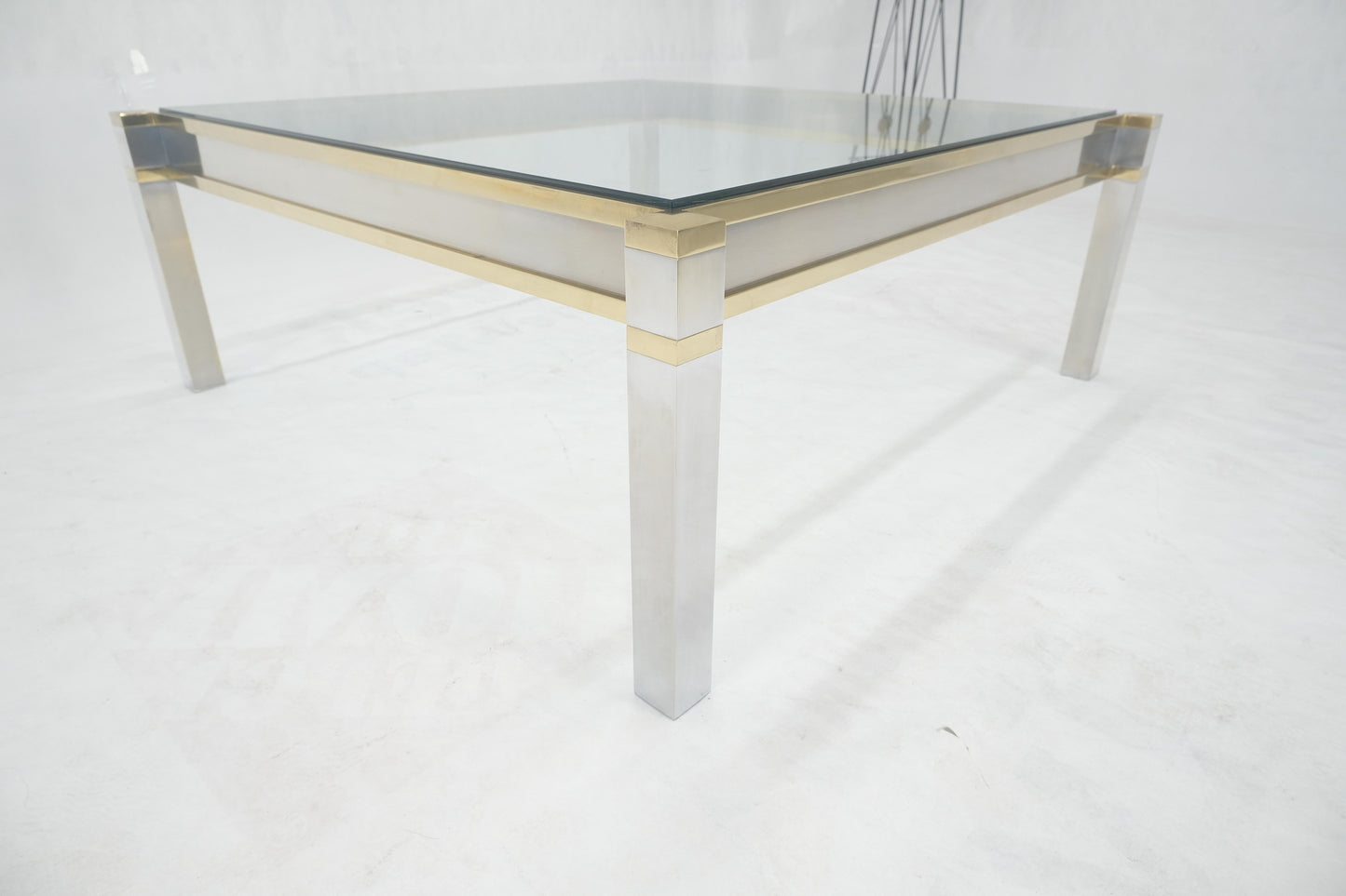 EstablishedLines Brass Stainless Steel Glass Top 44" Square Mid Century Modern Coffee Table MINT