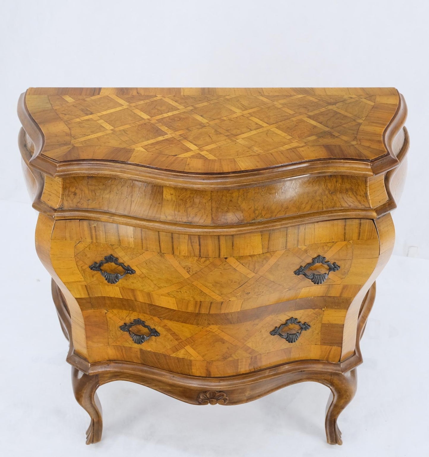EstablishedLines Italian Parquet Burl Wood Bombe Style Compact Entry Chest of Drawers Dresser