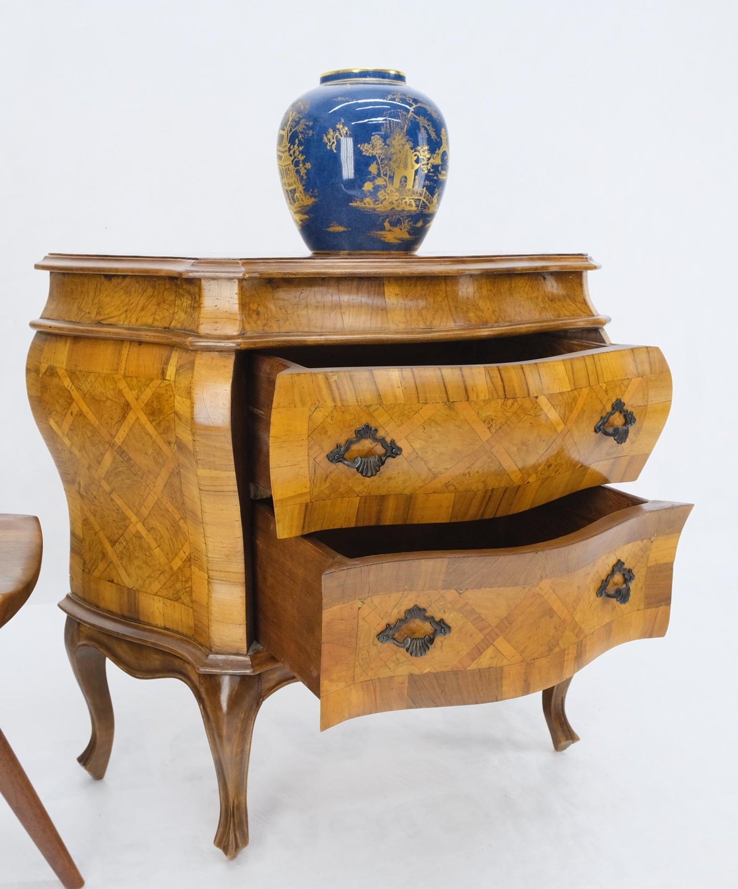 EstablishedLines Italian Parquet Burl Wood Bombe Style Compact Entry Chest of Drawers Dresser