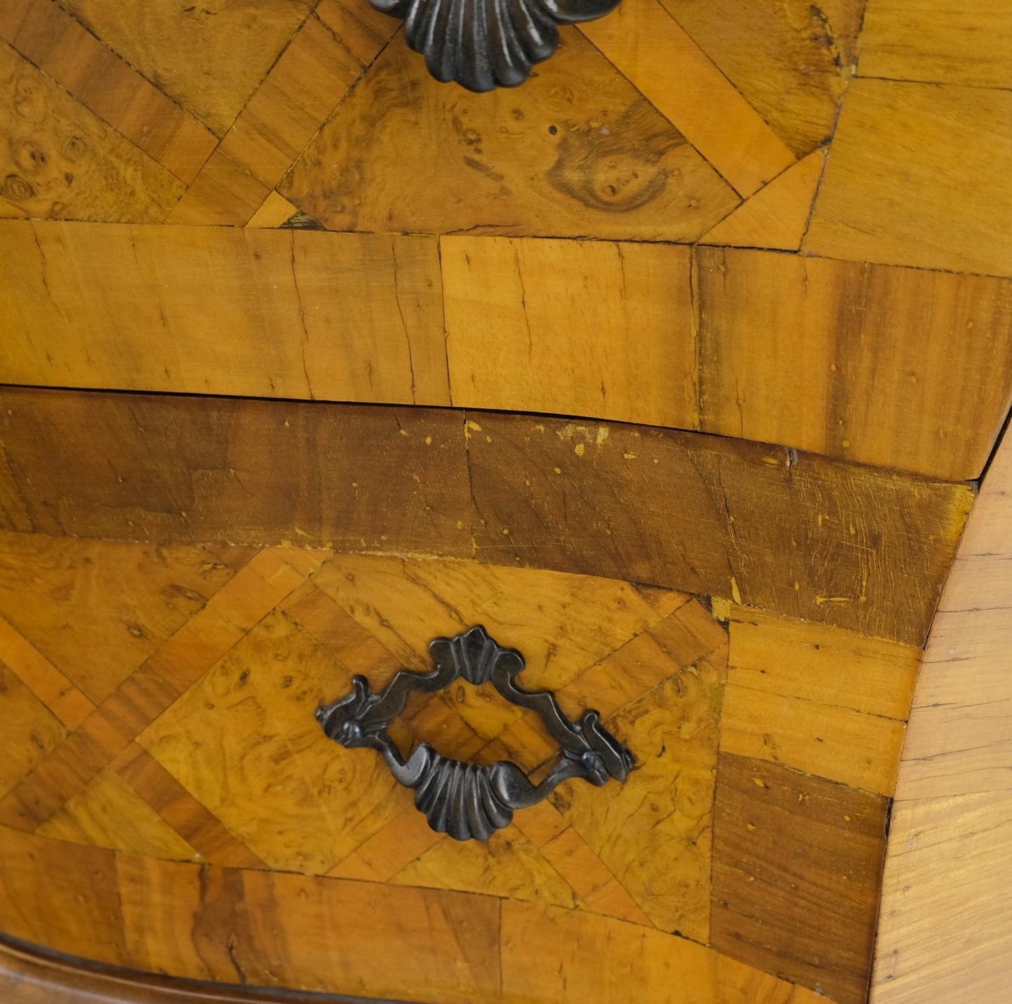 EstablishedLines Italian Parquet Burl Wood Bombe Style Compact Entry Chest of Drawers Dresser