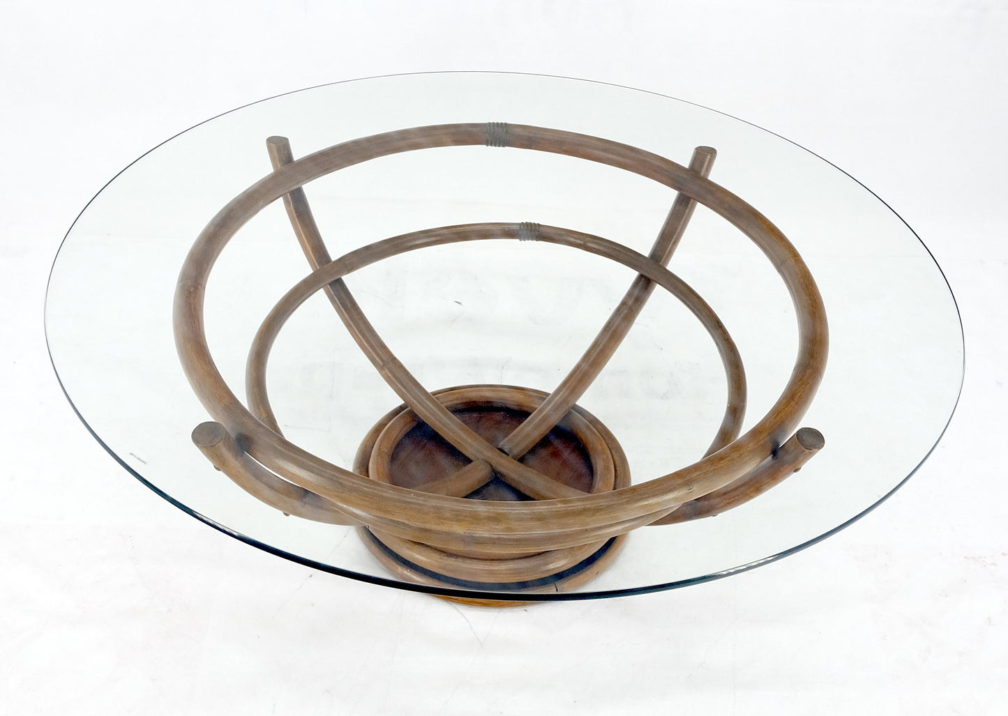 EstablishedLines Bentwood Bamboo Reed Style Base 48" Diameter Round Glass Top Coffee Table MINT!
