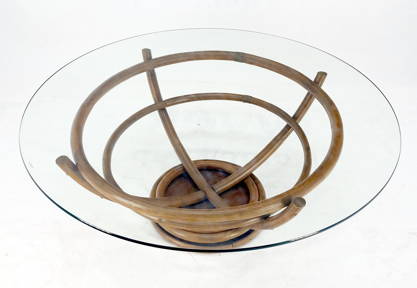 EstablishedLines Bentwood Bamboo Reed Style Base 48" Diameter Round Glass Top Coffee Table MINT!
