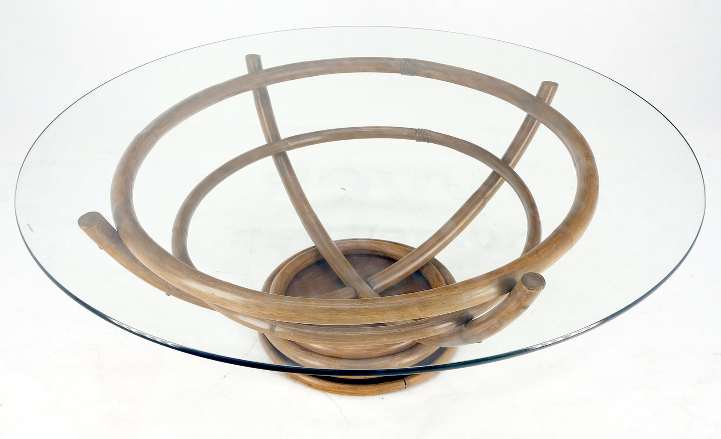 EstablishedLines Bentwood Bamboo Reed Style Base 48" Diameter Round Glass Top Coffee Table MINT!