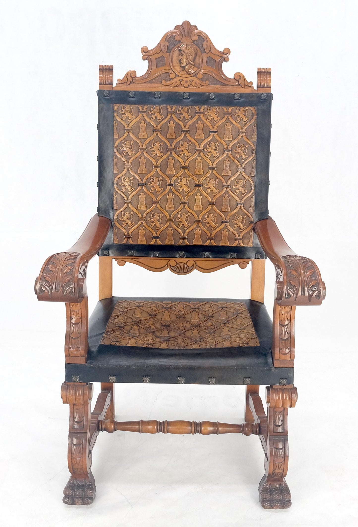 EstablishedLines Large Massive Carved Claw Feet Fine Embossed Lions Leather Upholstery Armchair