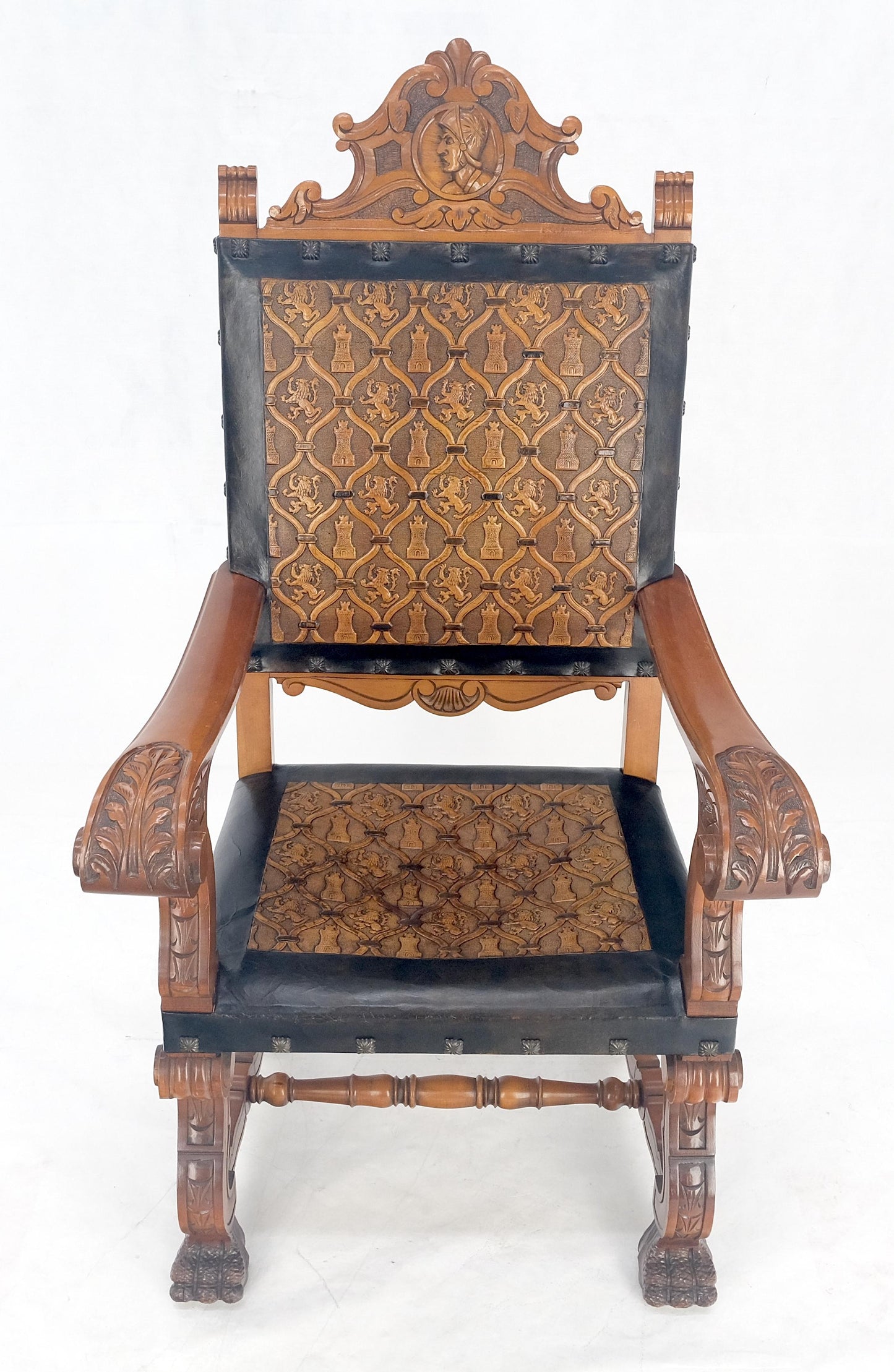 EstablishedLines Large Massive Carved Claw Feet Fine Embossed Lions Leather Upholstery Armchair