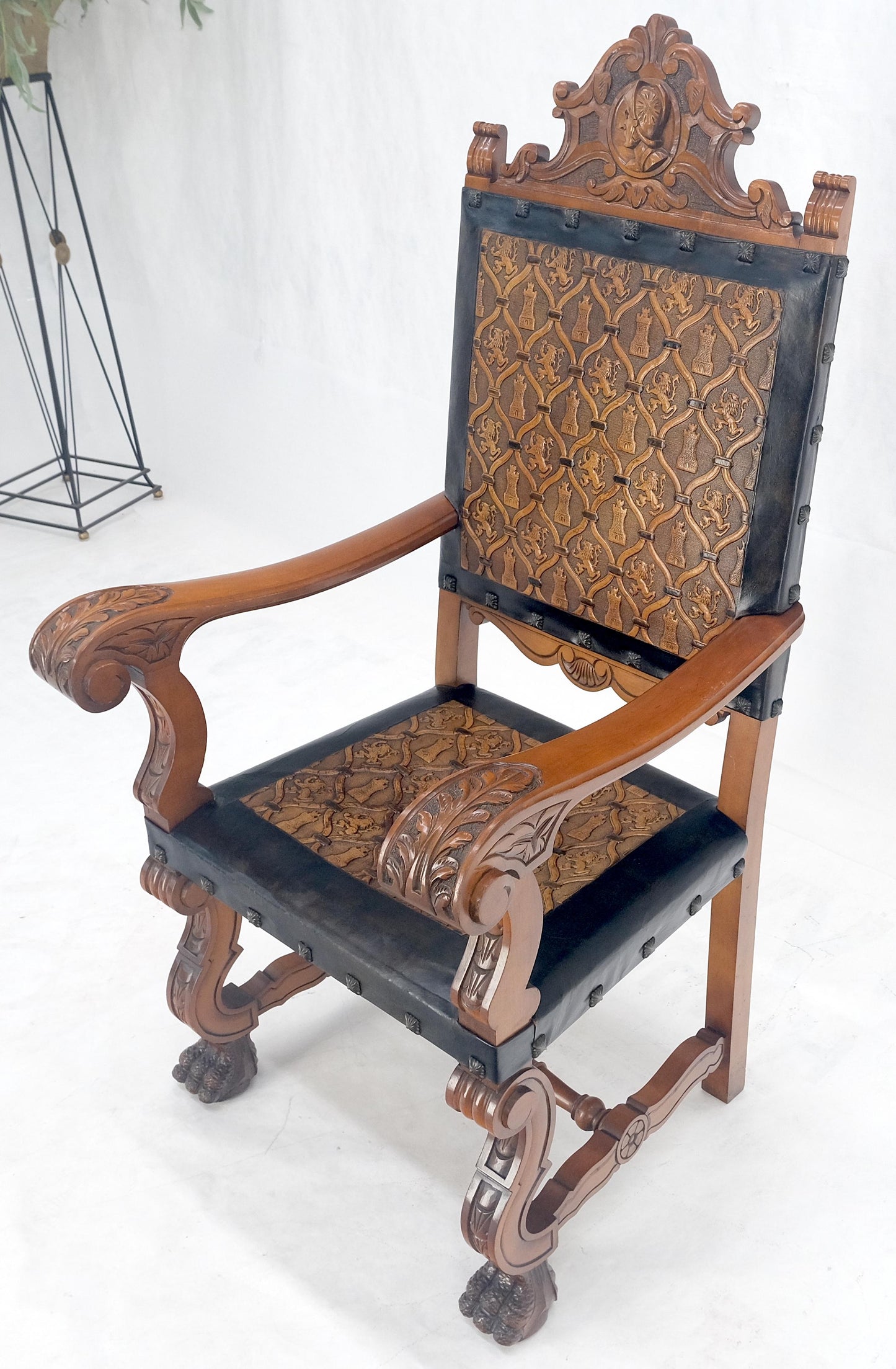 EstablishedLines Large Massive Carved Claw Feet Fine Embossed Lions Leather Upholstery Armchair