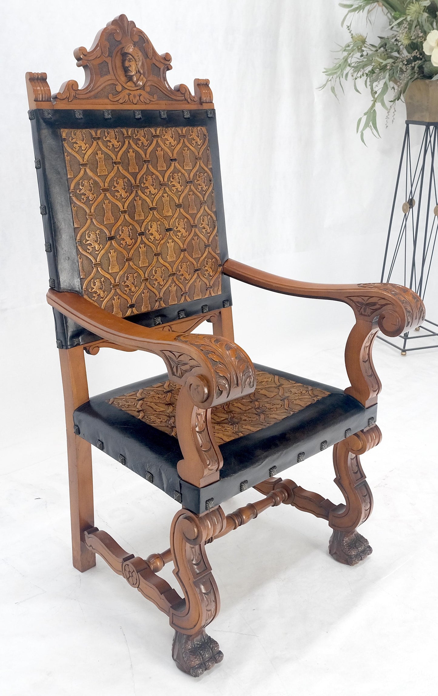 EstablishedLines Large Massive Carved Claw Feet Fine Embossed Lions Leather Upholstery Armchair