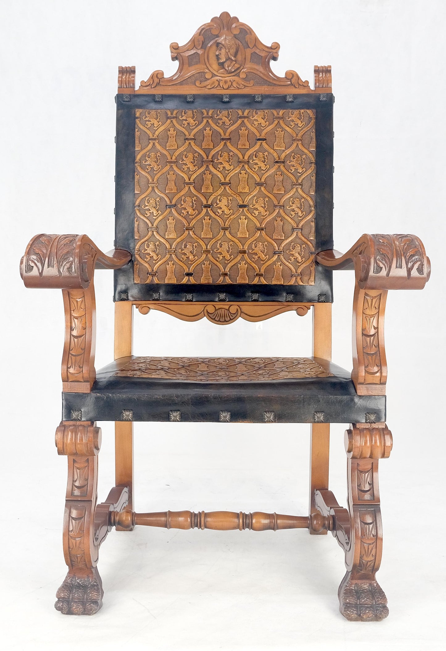 EstablishedLines Large Massive Carved Claw Feet Fine Embossed Lions Leather Upholstery Armchair