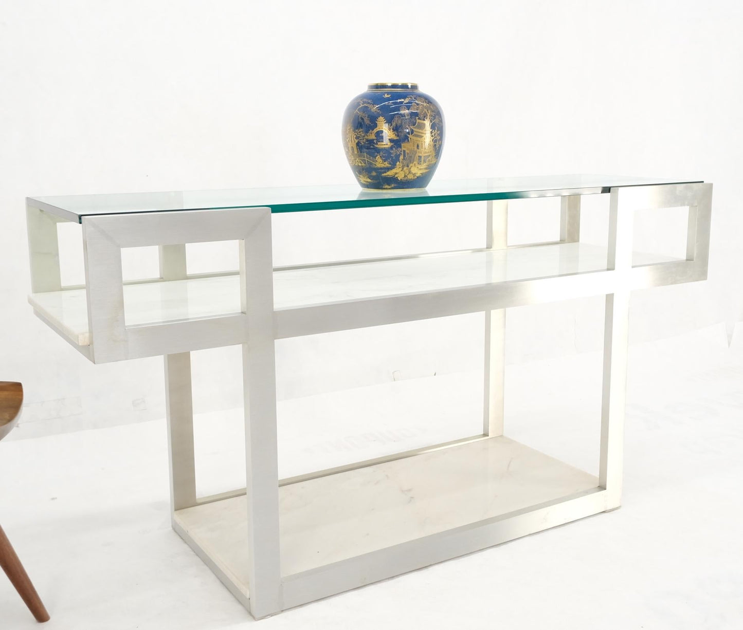 EstablishedLines Aluminum Frame Glass Shelves Two Marble Shelves Console Sofa Table Mid Century