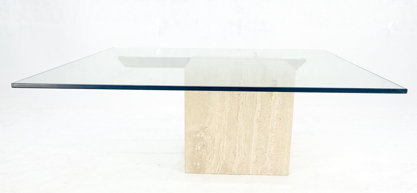 EstablishedLines Large 37x37 Square Glass Top Travertine Pedestal & Brass Base Coffee Table