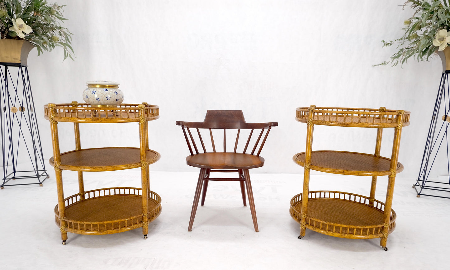EstablishedLines Pair of Maguire Round Reed & Cane Three Tier Gallery Top Serving Tables Stands