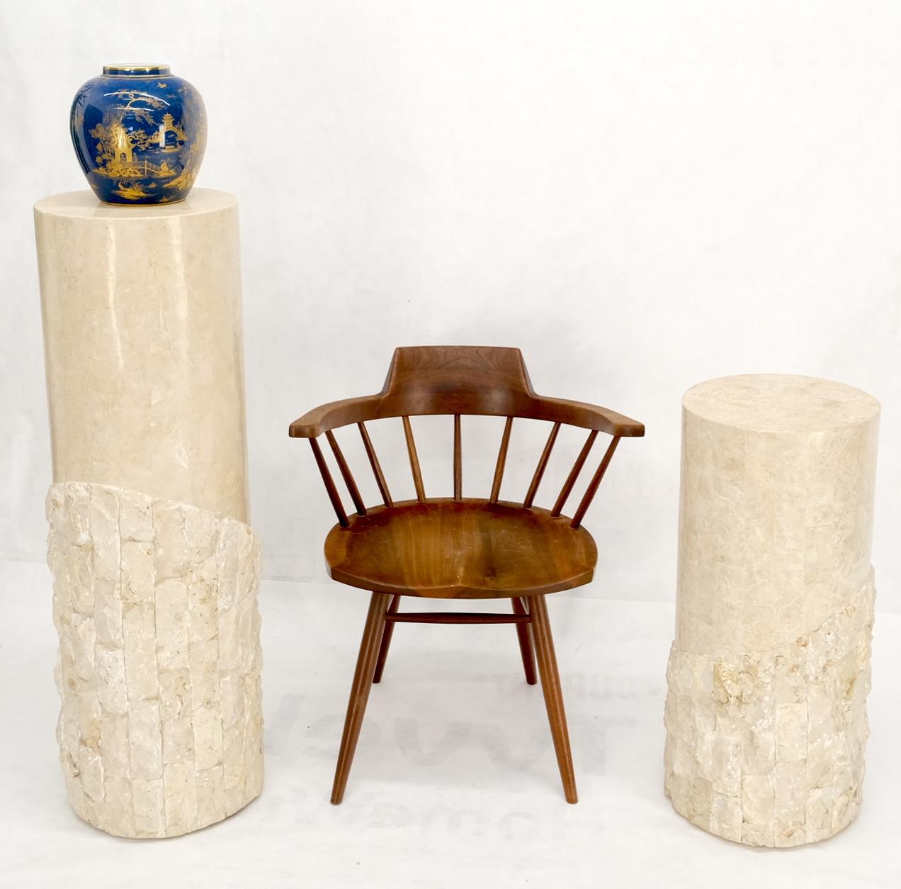 EstablishedLines Non Matching Pair of Tessellated & Carved Stone Round Drum Pedestals
