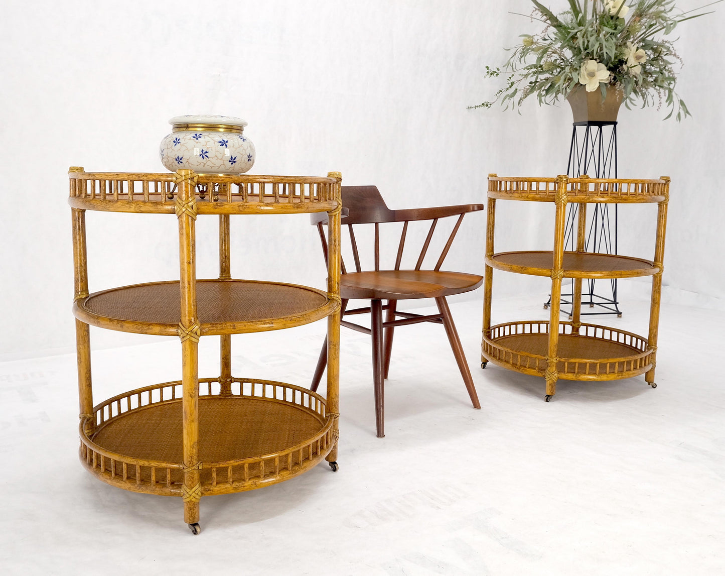 EstablishedLines Pair of Maguire Round Reed & Cane Three Tier Gallery Top Serving Tables Stands