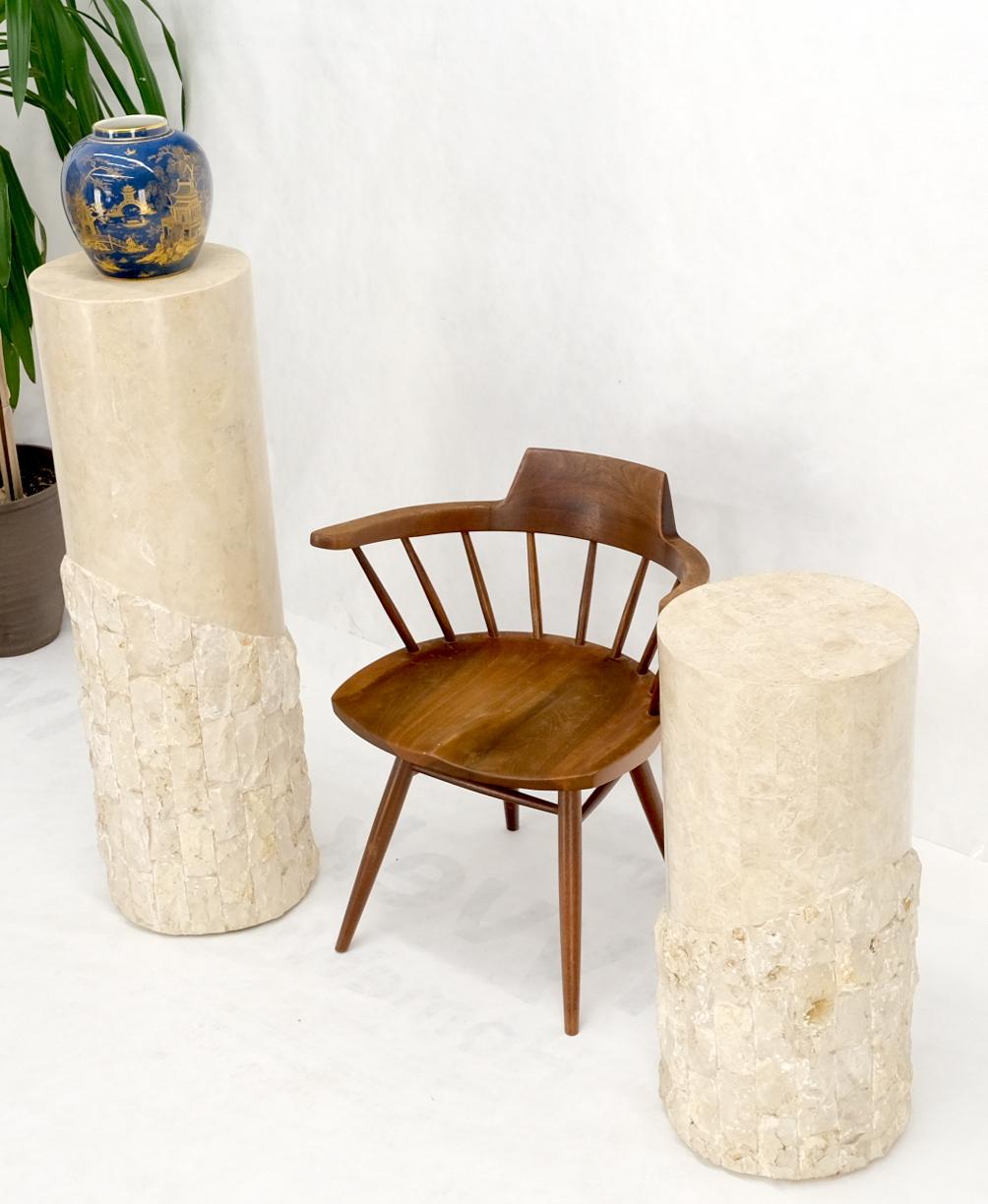 EstablishedLines Non Matching Pair of Tessellated & Carved Stone Round Drum Pedestals