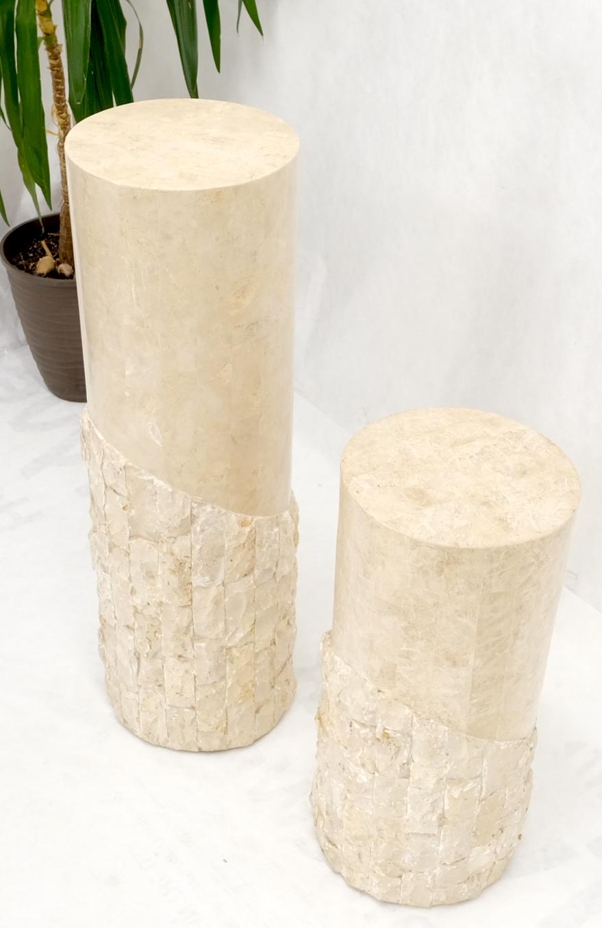 EstablishedLines Non Matching Pair of Tessellated & Carved Stone Round Drum Pedestals