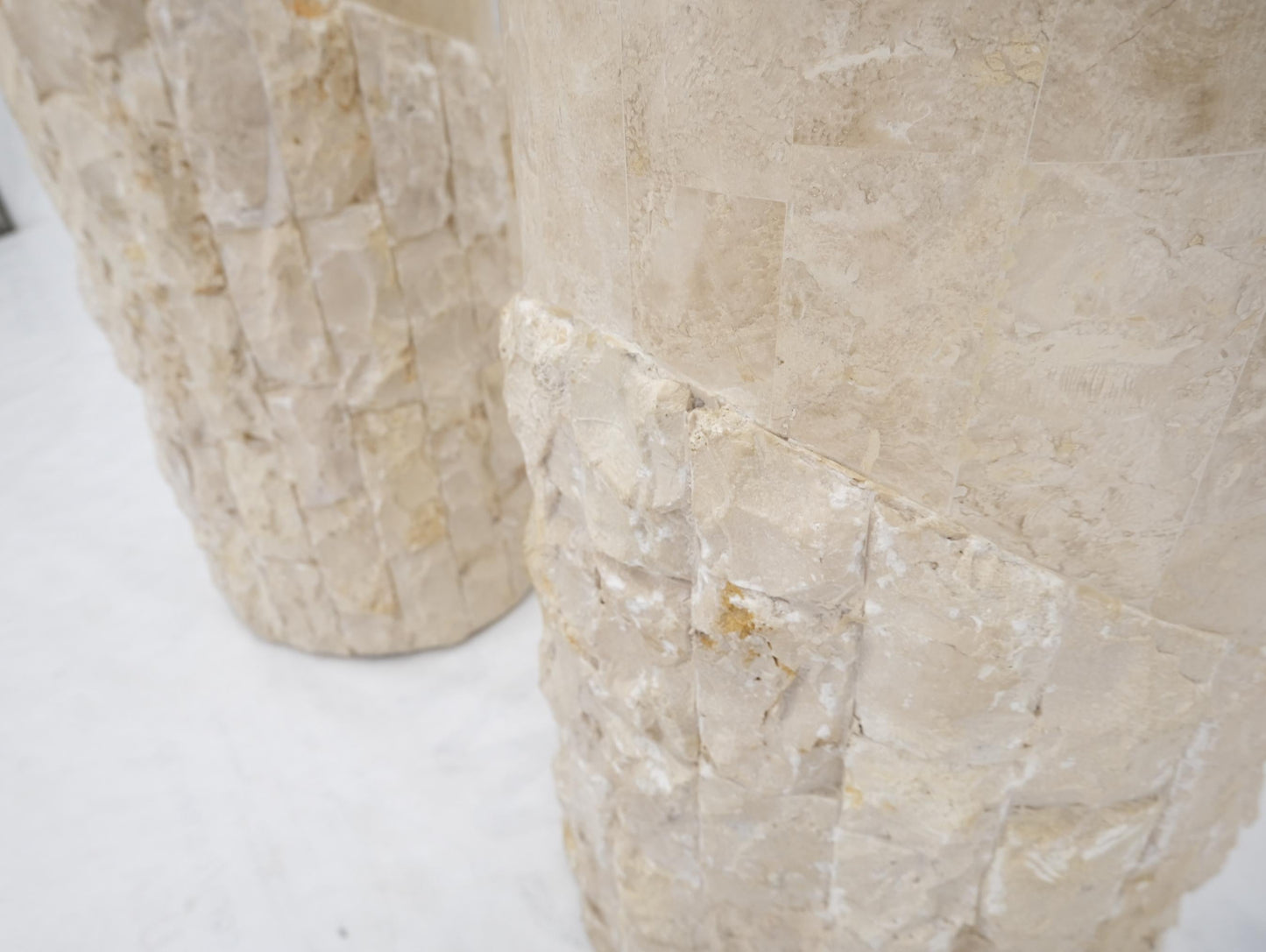 EstablishedLines Non Matching Pair of Tessellated & Carved Stone Round Drum Pedestals