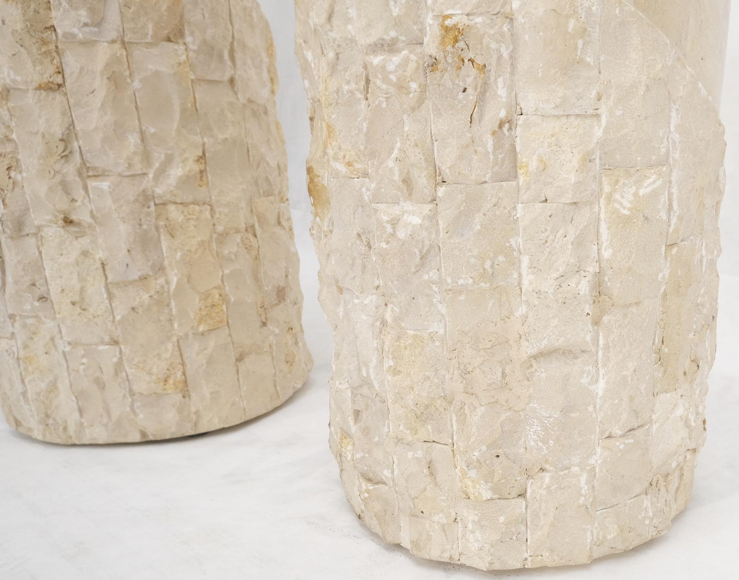 EstablishedLines Non Matching Pair of Tessellated & Carved Stone Round Drum Pedestals