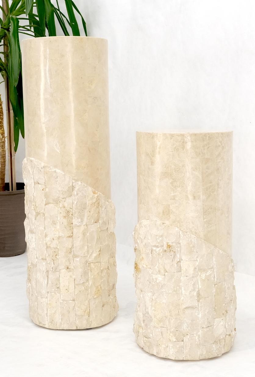EstablishedLines Non Matching Pair of Tessellated & Carved Stone Round Drum Pedestals