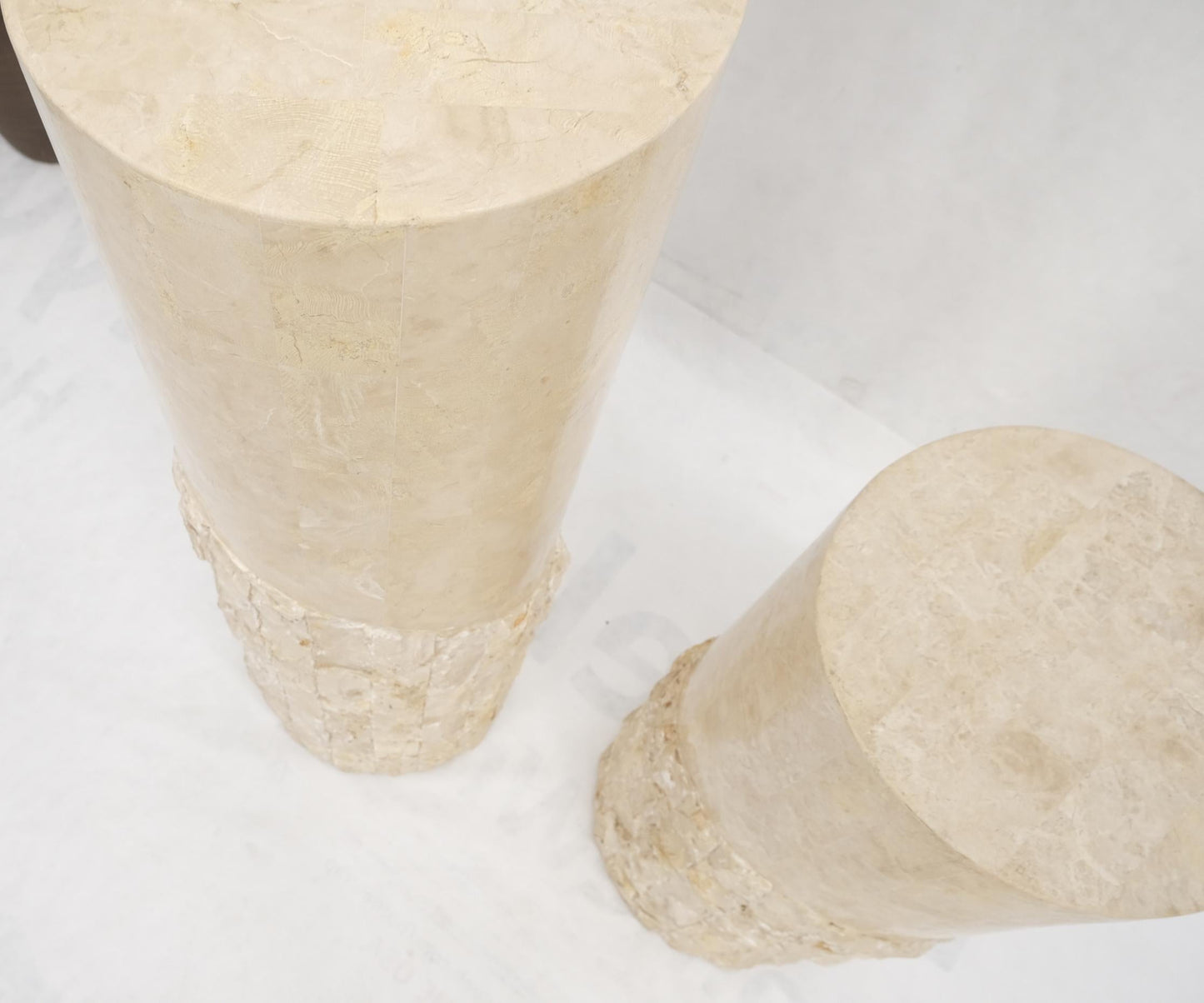 EstablishedLines Non Matching Pair of Tessellated & Carved Stone Round Drum Pedestals
