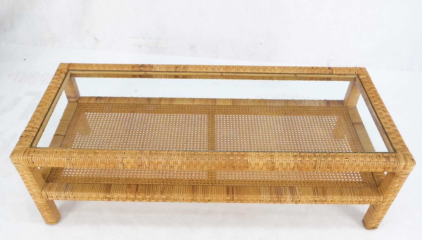 EstablishedLines Rectangle Rattan Cane Shelf Glass Top Mid-Century Modern Coffee Table Mint!