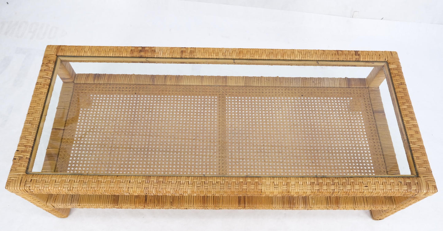 EstablishedLines Rectangle Rattan Cane Shelf Glass Top Mid-Century Modern Coffee Table Mint!