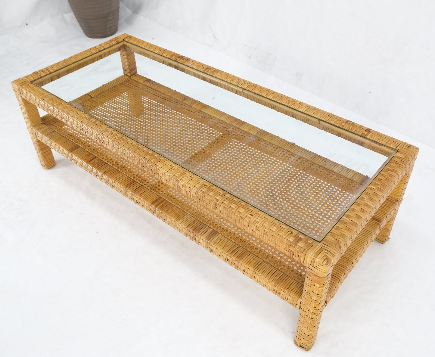 EstablishedLines Rectangle Rattan Cane Shelf Glass Top Mid-Century Modern Coffee Table Mint!
