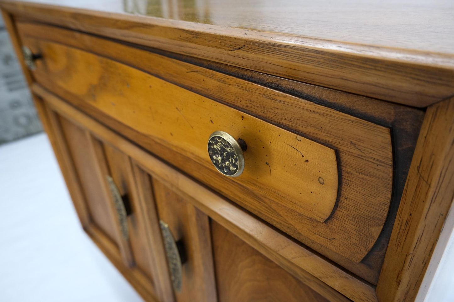 EstablishedLines Mid Century Modern Two Doors Drawer Walnut End Table Nightstand Hammered Pulls