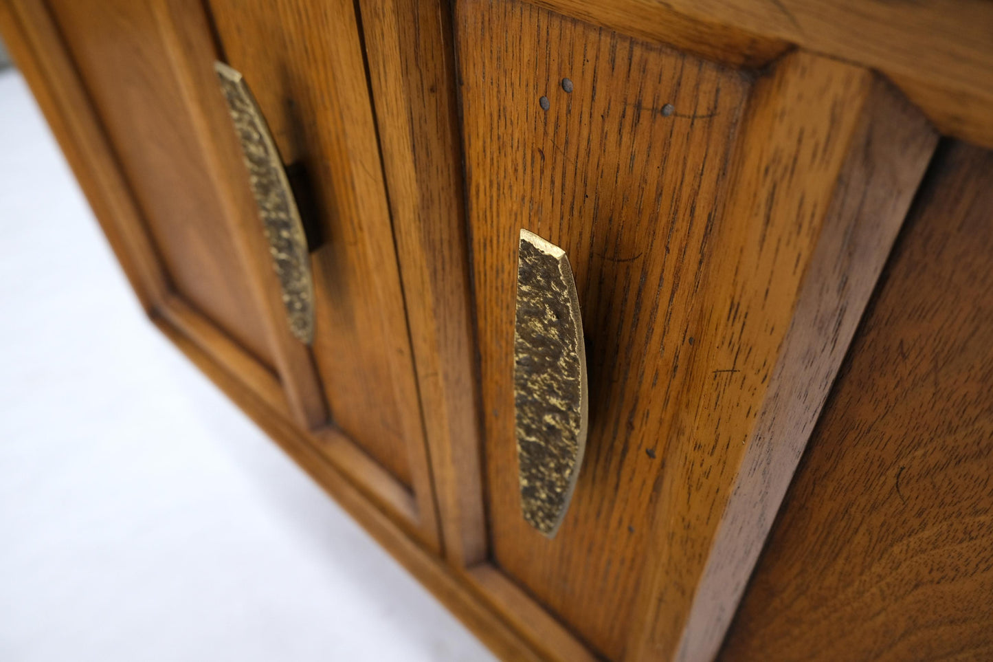 EstablishedLines Mid Century Modern Two Doors Drawer Walnut End Table Nightstand Hammered Pulls