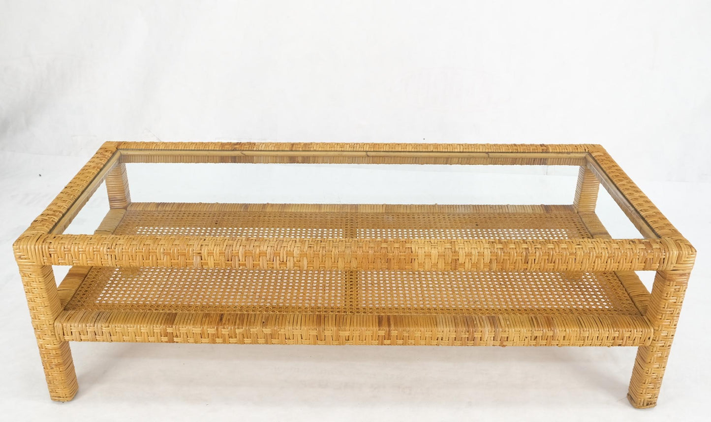 EstablishedLines Rectangle Rattan Cane Shelf Glass Top Mid-Century Modern Coffee Table Mint!