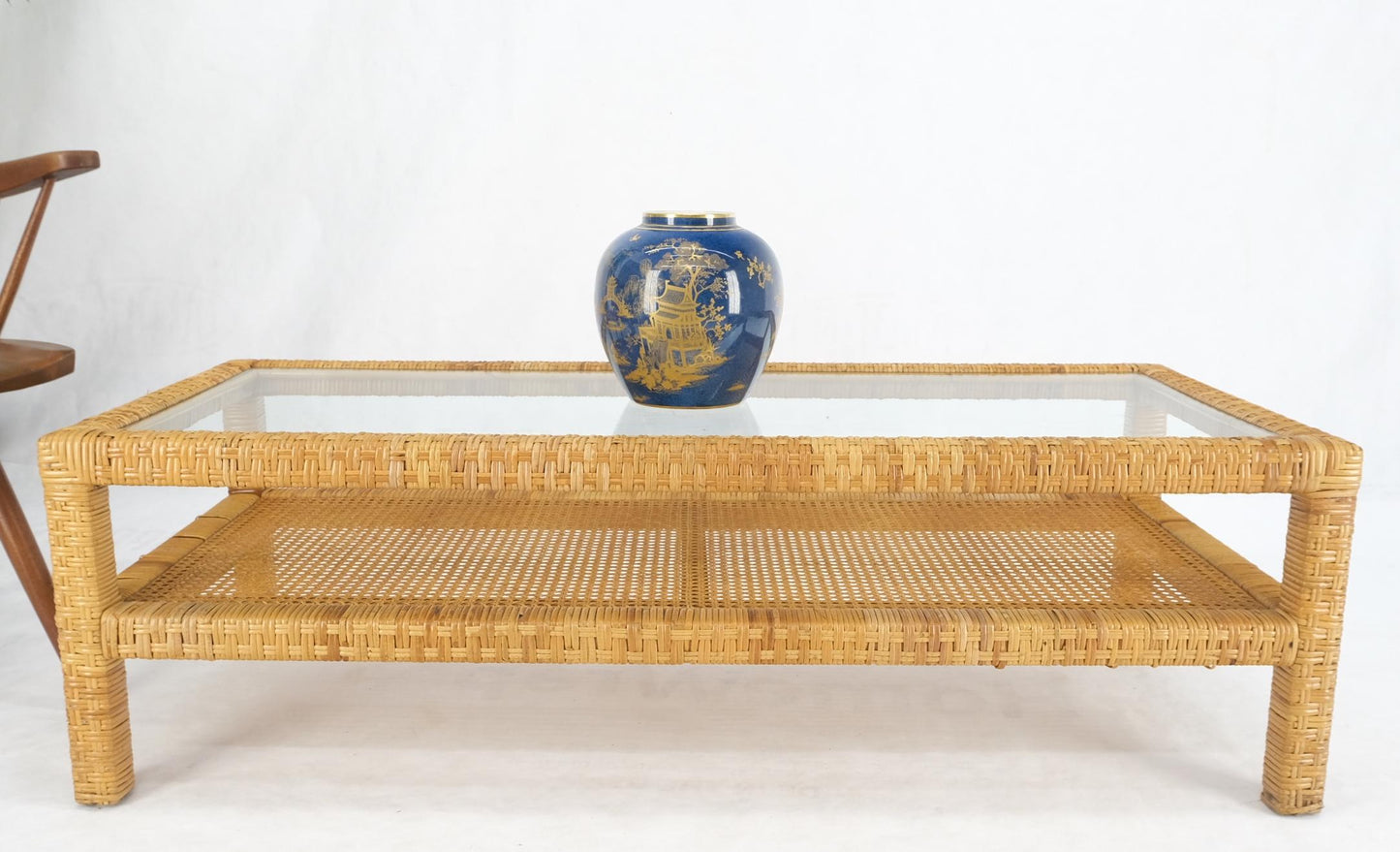 EstablishedLines Rectangle Rattan Cane Shelf Glass Top Mid-Century Modern Coffee Table Mint!
