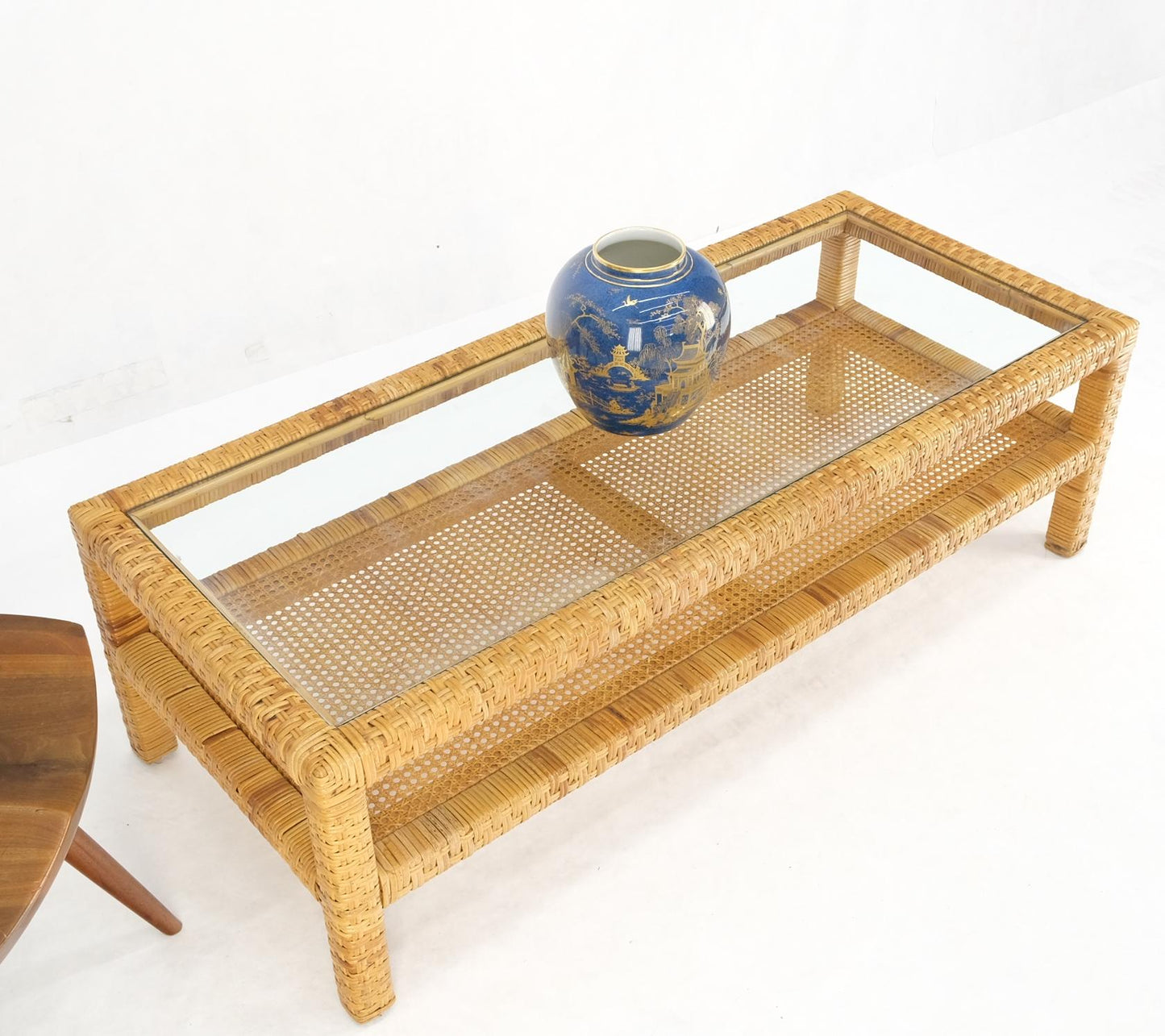 EstablishedLines Rectangle Rattan Cane Shelf Glass Top Mid-Century Modern Coffee Table Mint!