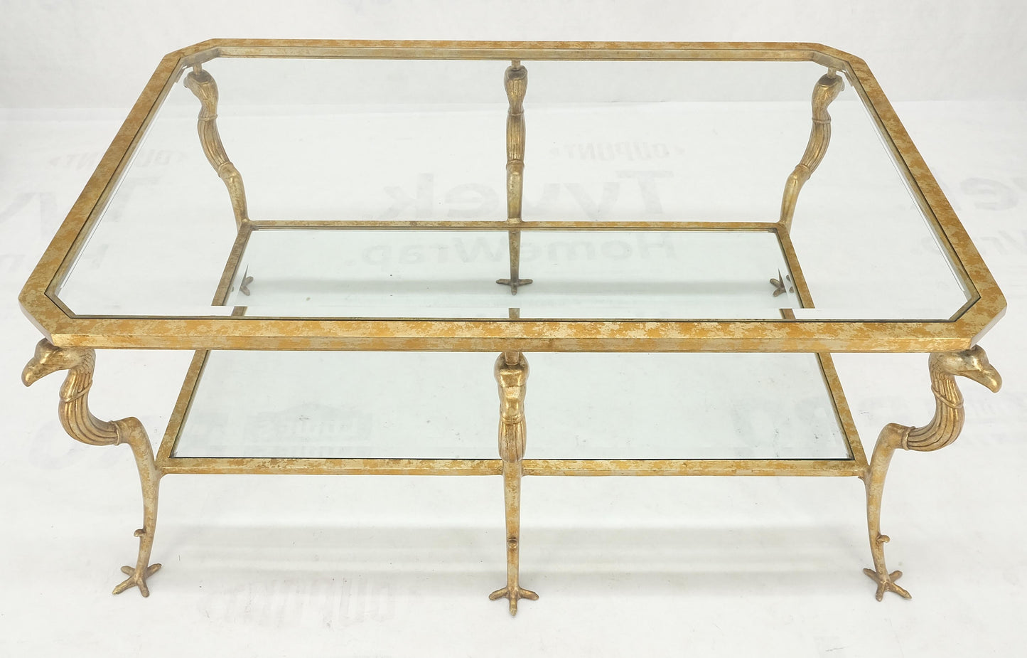 EstablishedLines Silver Gilt Metal Glass Top Two Tier Eagle & Claw Motive Rectangle Coffee Table