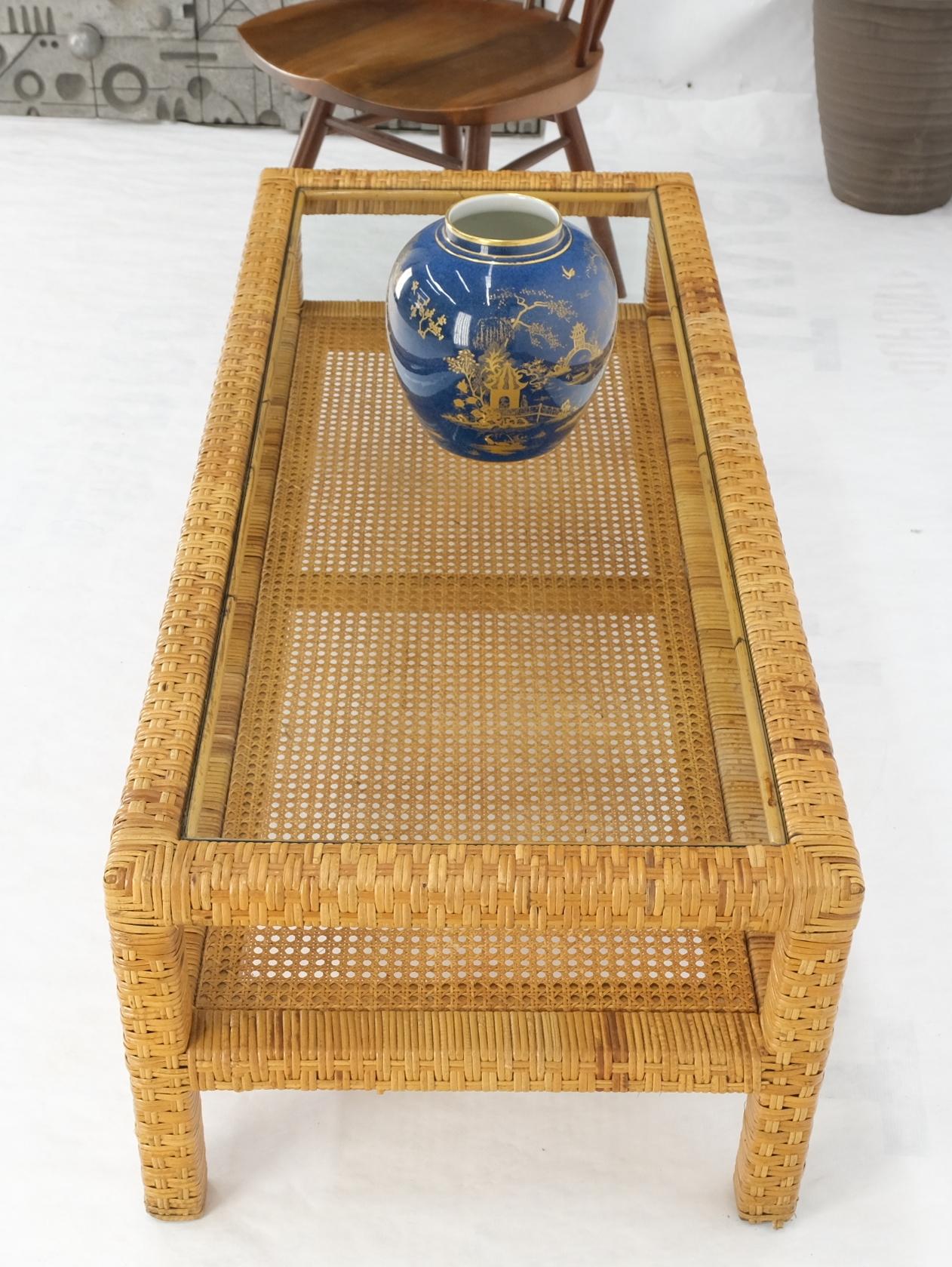 EstablishedLines Rectangle Rattan Cane Shelf Glass Top Mid-Century Modern Coffee Table Mint!