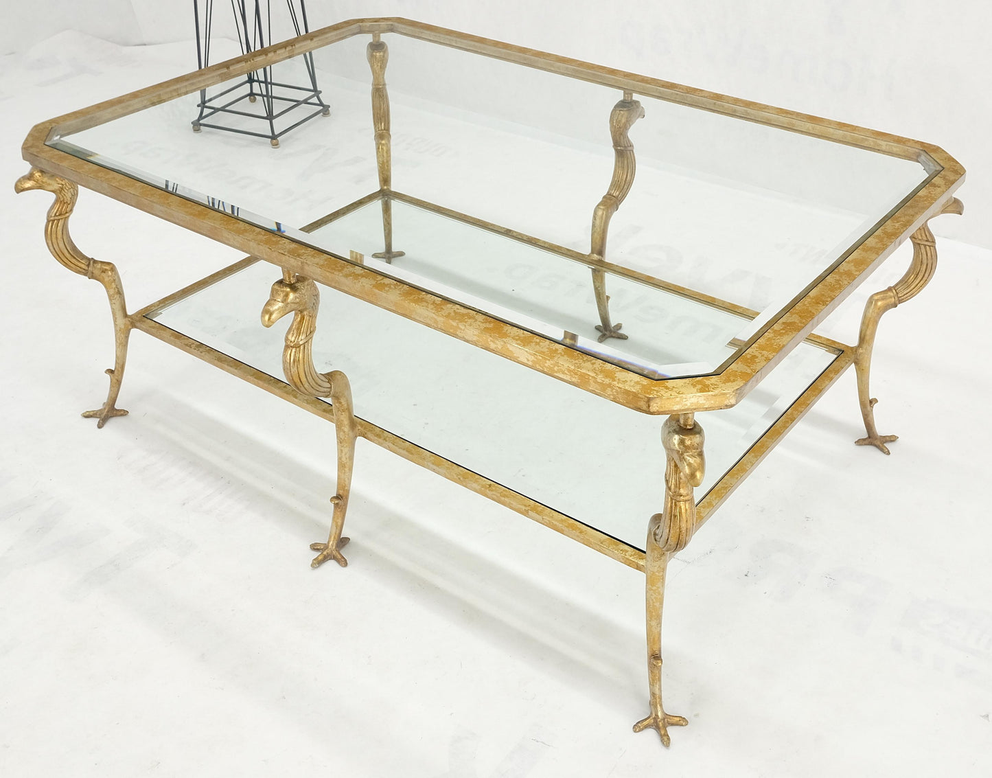 EstablishedLines Silver Gilt Metal Glass Top Two Tier Eagle & Claw Motive Rectangle Coffee Table